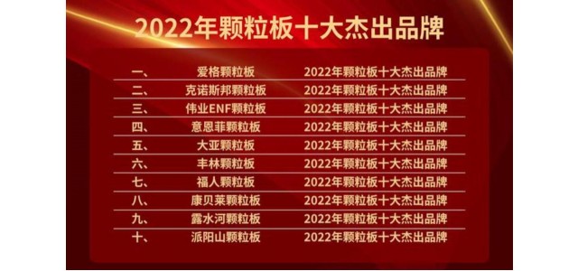 伟业ENF颗粒板入选“2022年颗粒板十大优异品牌”